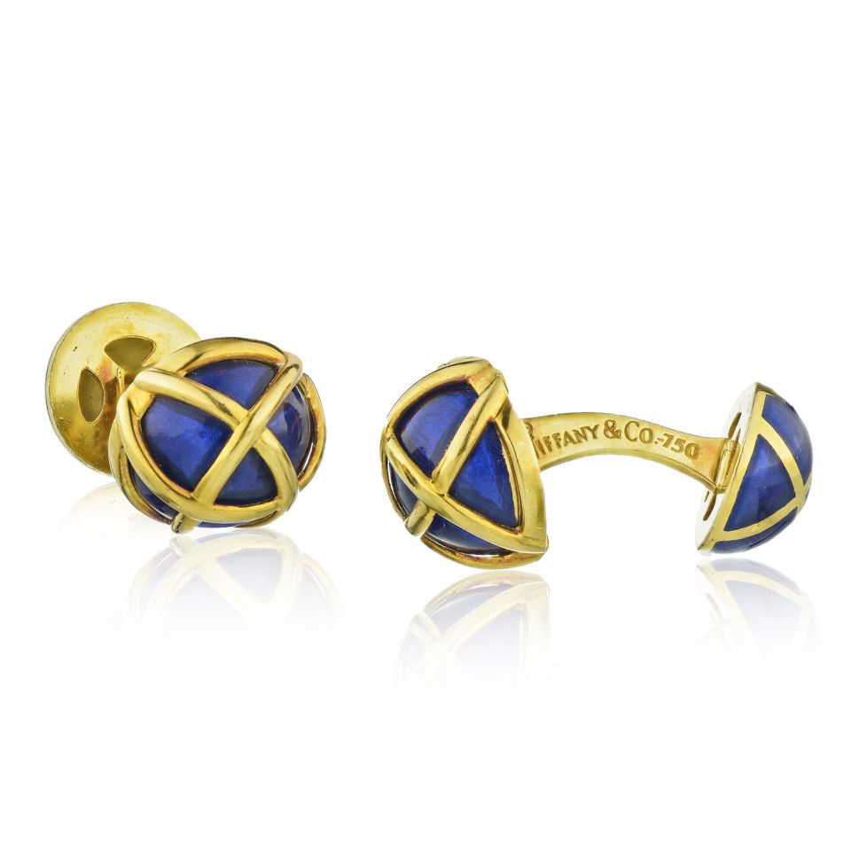 Tiffany & Co. Schlumberger Platinum & 18K Yellow Gold Blue Enamel Cuff Links - The Back Vault Jewelry