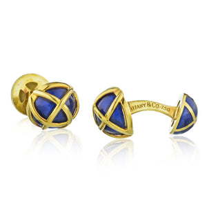 Tiffany & Co. Schlumberger Platinum & 18K Yellow Gold Blue Enamel Cuff Links