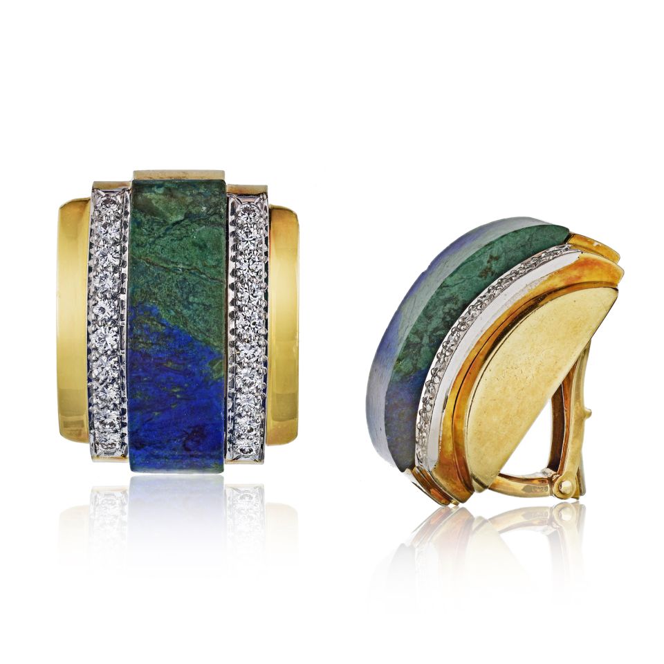 David Webb Azurmalachite Platinum & 18K Yellow Gold & Diamond Earrings - The Back Vault