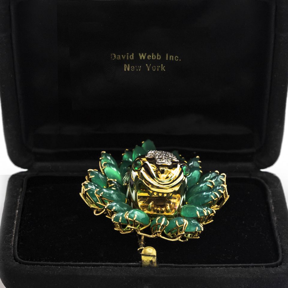 David Webb Kingdom Platinum & 18K Yellow Gold Diamond Tiger Chrysoprase Brooch - The Back Vault