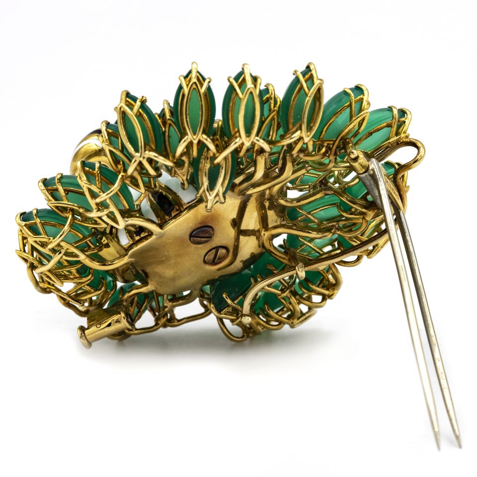 David Webb Kingdom Platinum & 18K Yellow Gold Diamond Tiger Chrysoprase Brooch - The Back Vault