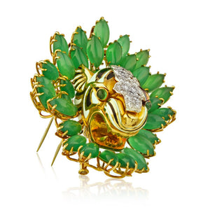 David Webb Kingdom Platinum & 18K Yellow Gold Diamond Tiger Chrysoprase Brooch