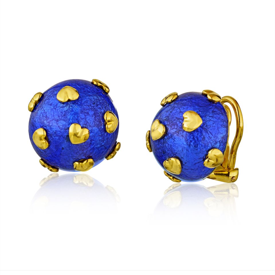 Tiffany & Co. Schlumberger Platinum & 18K Yellow Gold Blue Enamel Heart Motif Earrings - The Back Vault