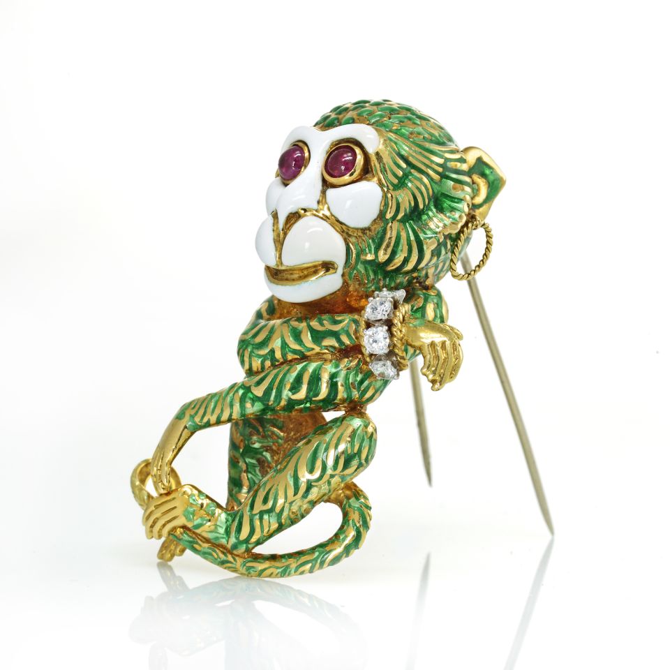 David Webb Monkey Platinum & 18K Yellow Gold Green & White Enamel Brooch - The Back Vault