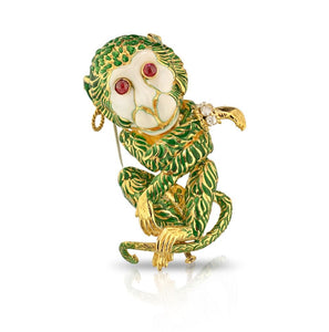 David Webb Monkey Platinum & 18K Yellow Gold Green & White Enamel Brooch