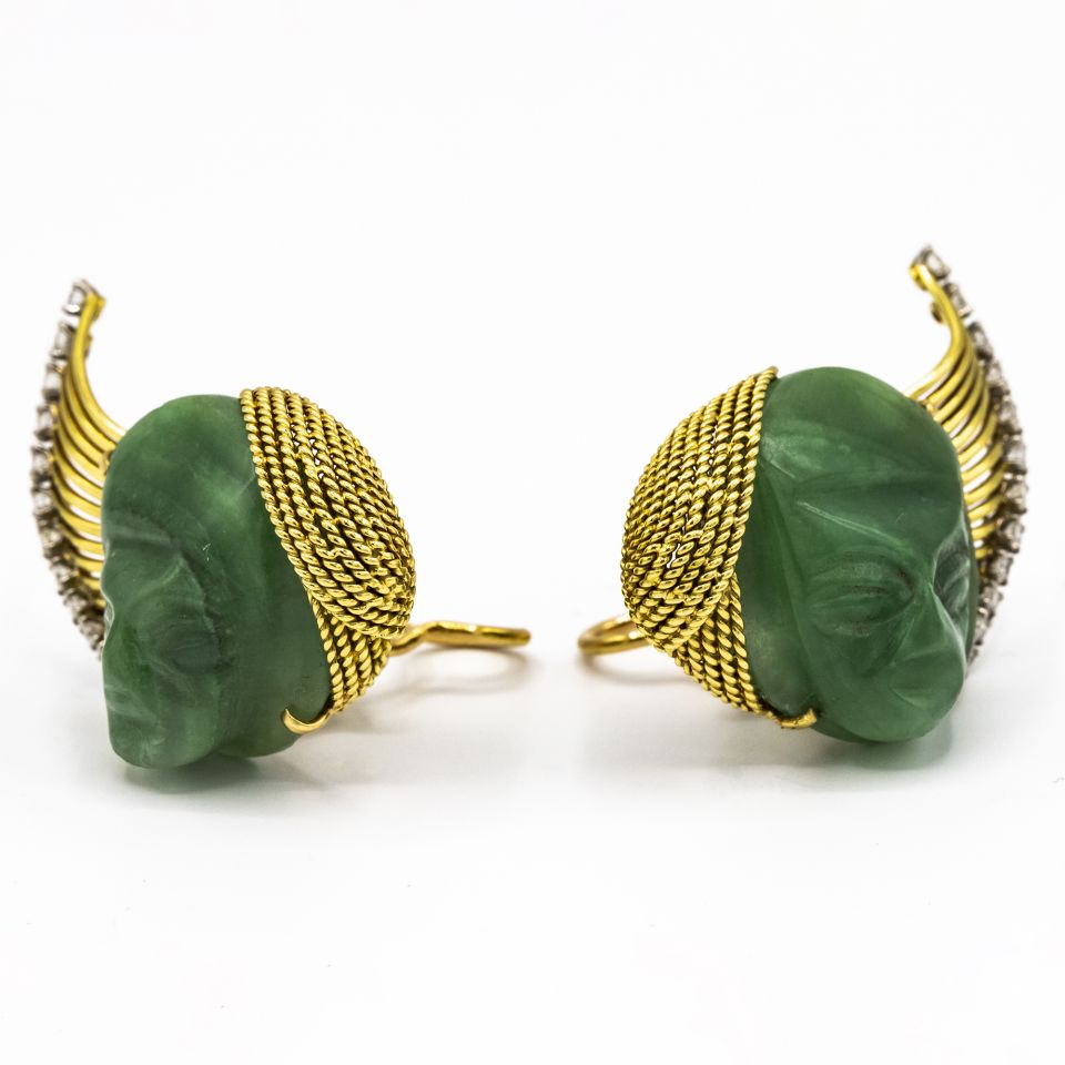 French Platinum & 18K Yellow Gold Carved Jade Faces Clip-On Earrings - The Back Vault Jewelry