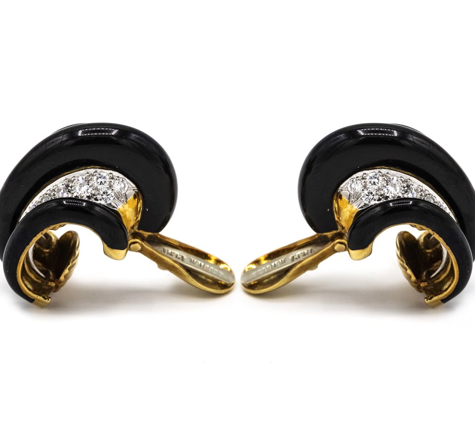 David Webb 1980's Platinum & 18K Yellow Gold Black Enamel Diamond Earrings - The Back Vault