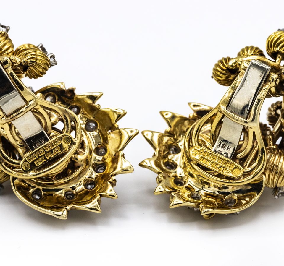 David Webb Sculpted Platinum & 18K Yellow Gold 2.00 Carat Round Diamonds Earrings - The Back Vault