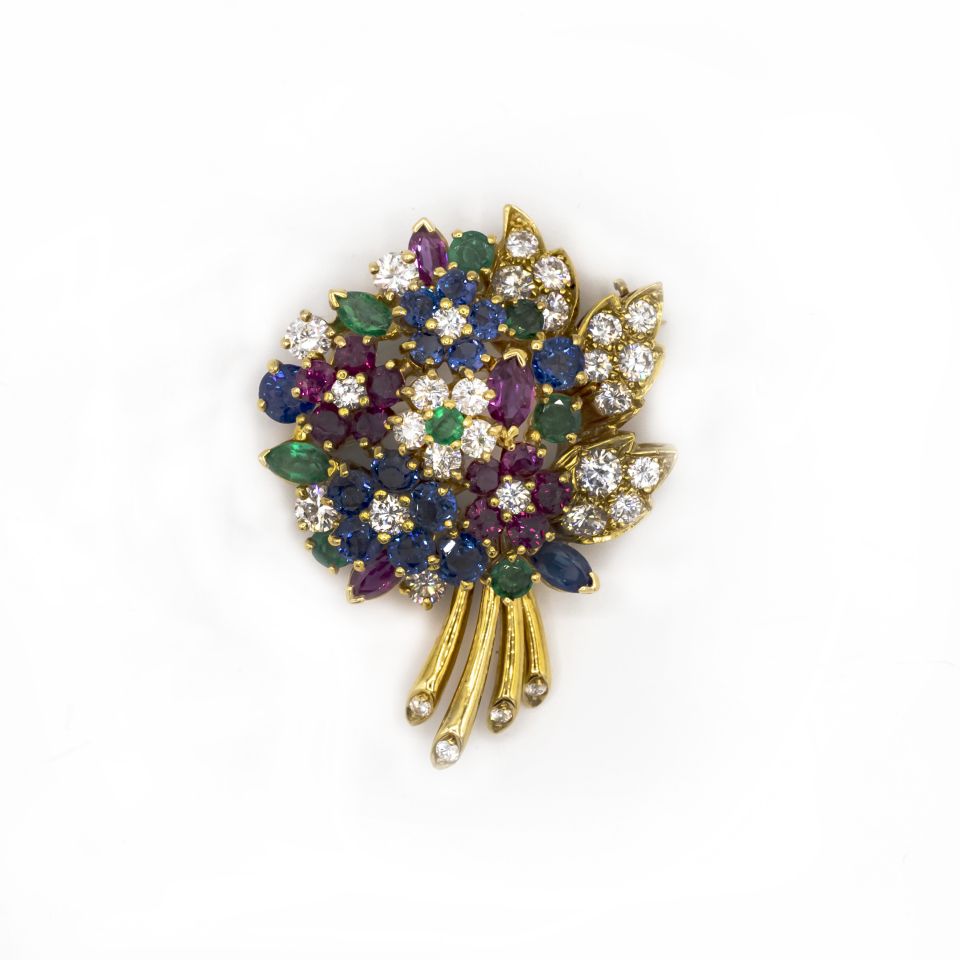 Oscar Heyman Platinum & 18K Yellow Gold Multicolor Flower Bouquet Brooch - The Back Vault