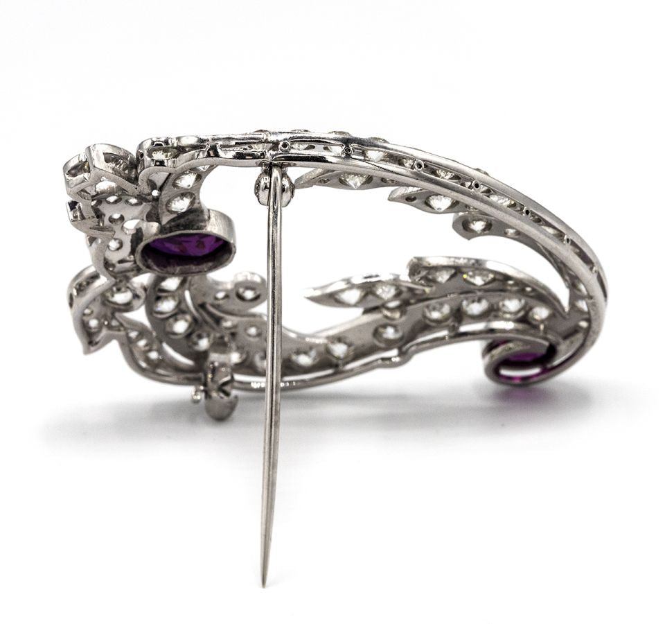 Edwardian Platinum with Two Rubies & Old Cut Diamonds Brooch - The Back Vault Jewelry