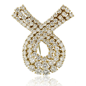 1980's 18K Yellow Gold Ribbon Diamond Brooch