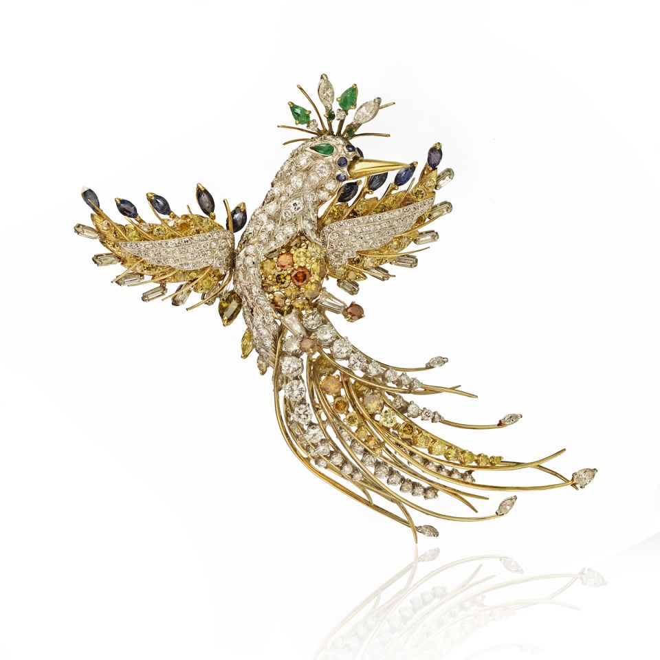 Mario Boshi Multi Gems Platinum & 18K Yellow Gold Sapphires, Emeralds & Diamonds Bird Brooch - The Back Vault