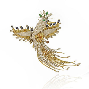 Mario Boshi Multi Gems Platinum & 18K Yellow Gold Sapphires, Emeralds & Diamonds Bird Brooch