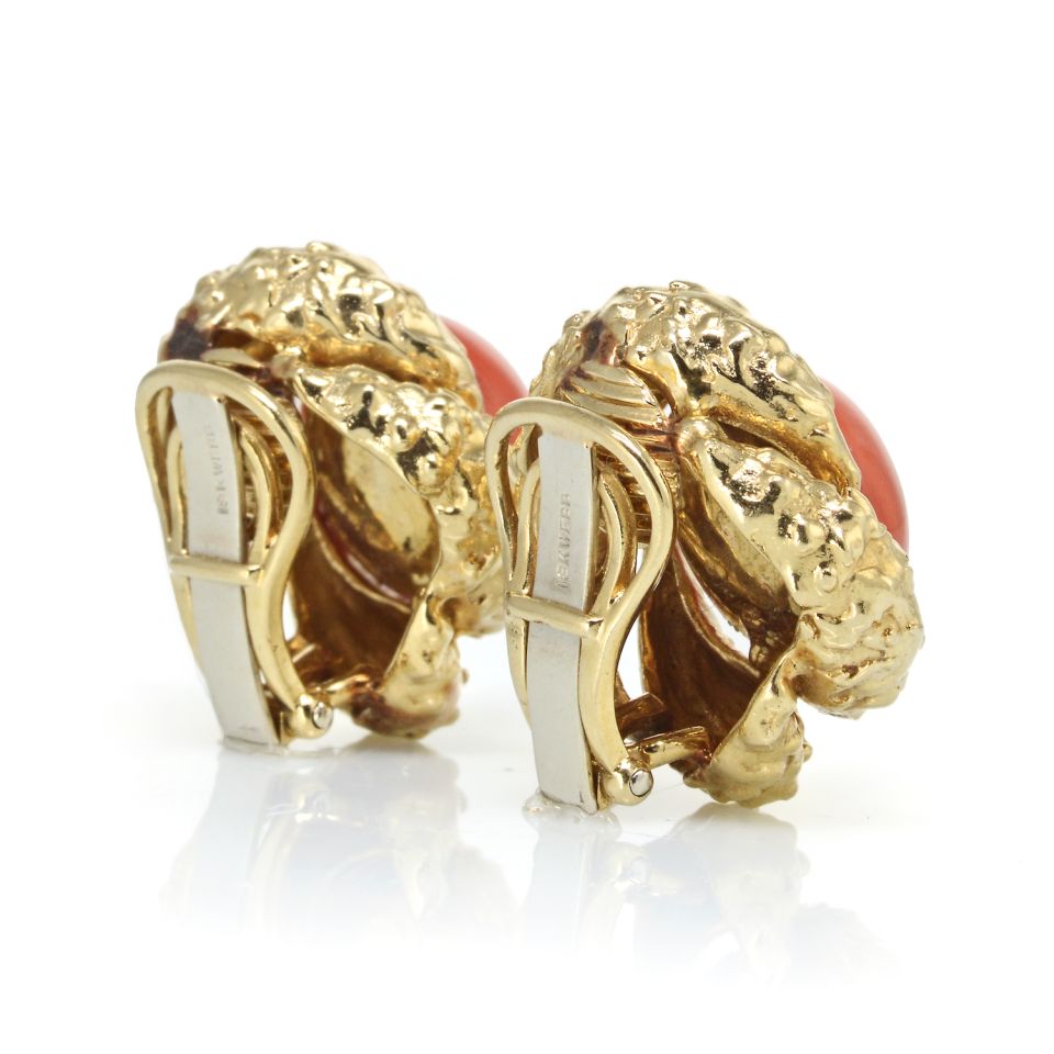 David Webb 1970's Platinum & 18K Yellow Gold Round Cabochon Coral Clip-On Earrings - The Back Vault