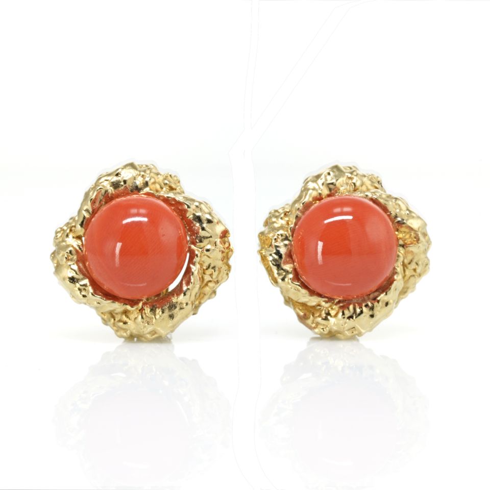 David Webb 1970's Platinum & 18K Yellow Gold Round Cabochon Coral Clip-On Earrings - The Back Vault