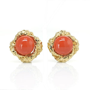 David Webb 1970's Platinum & 18K Yellow Gold Round Cabochon Coral Clip-On Earrings