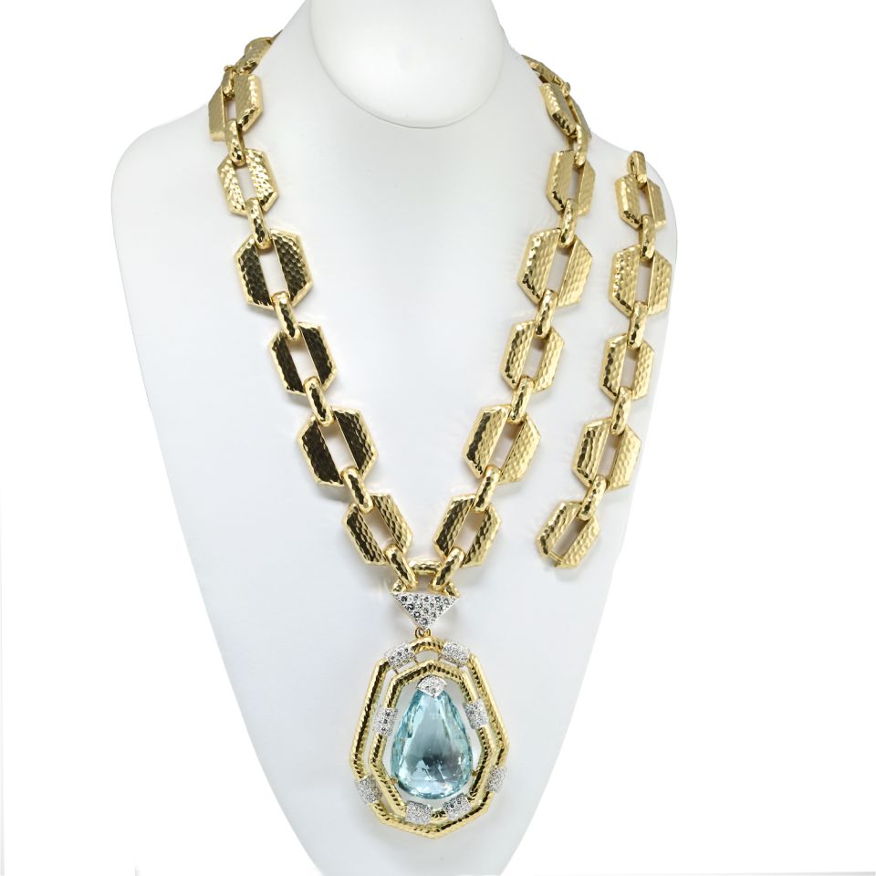 David Webb Platinum & 18K Yellow Gold Aquamarine & Diamond Convertible Large Link Necklace - The Back Vault