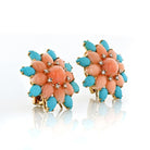 Flower 18K Yellow Gold Coral, Turquoise and Diamond Clip-On Earrings - The Back Vault Jewelry