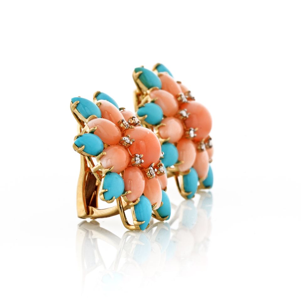 Flower 18K Yellow Gold Coral, Turquoise and Diamond Clip-On Earrings - The Back Vault Jewelry