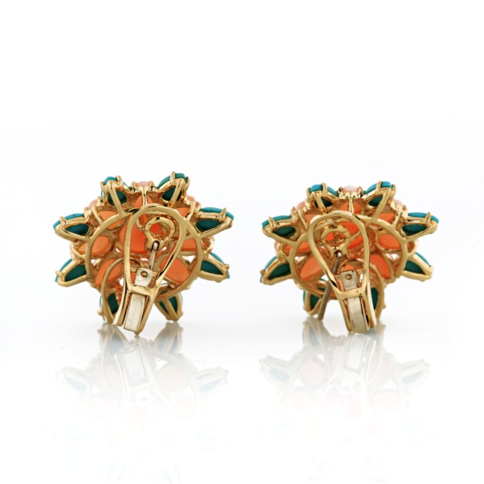 Flower 18K Yellow Gold Coral, Turquoise and Diamond Clip-On Earrings - The Back Vault Jewelry