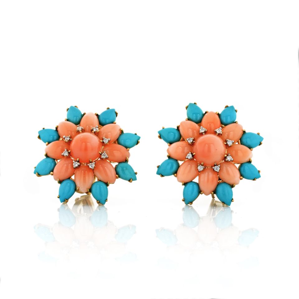 Flower 18K Yellow Gold Coral, Turquoise and Diamond Clip-On Earrings - The Back Vault Jewelry