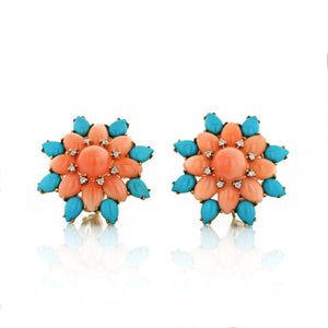 Flower 18K Yellow Gold Coral, Turquoise and Diamond Clip-On Earrings