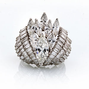 1960's Platinum 8 Carats Estate Marquise Baguette Cocktail Diamond Ring