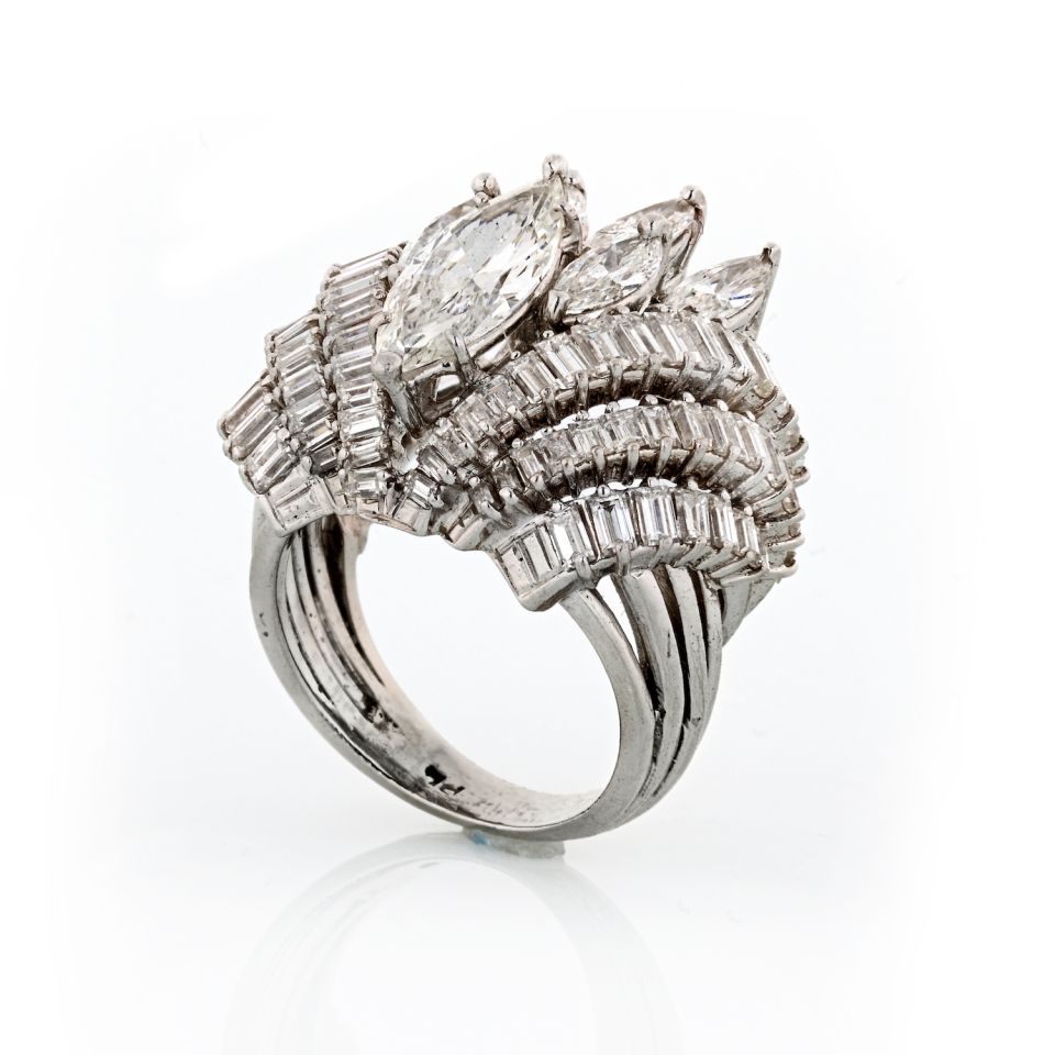 1960's Platinum 8 Carats Estate Marquise Baguette Cocktail Diamond Ring - The Back Vault