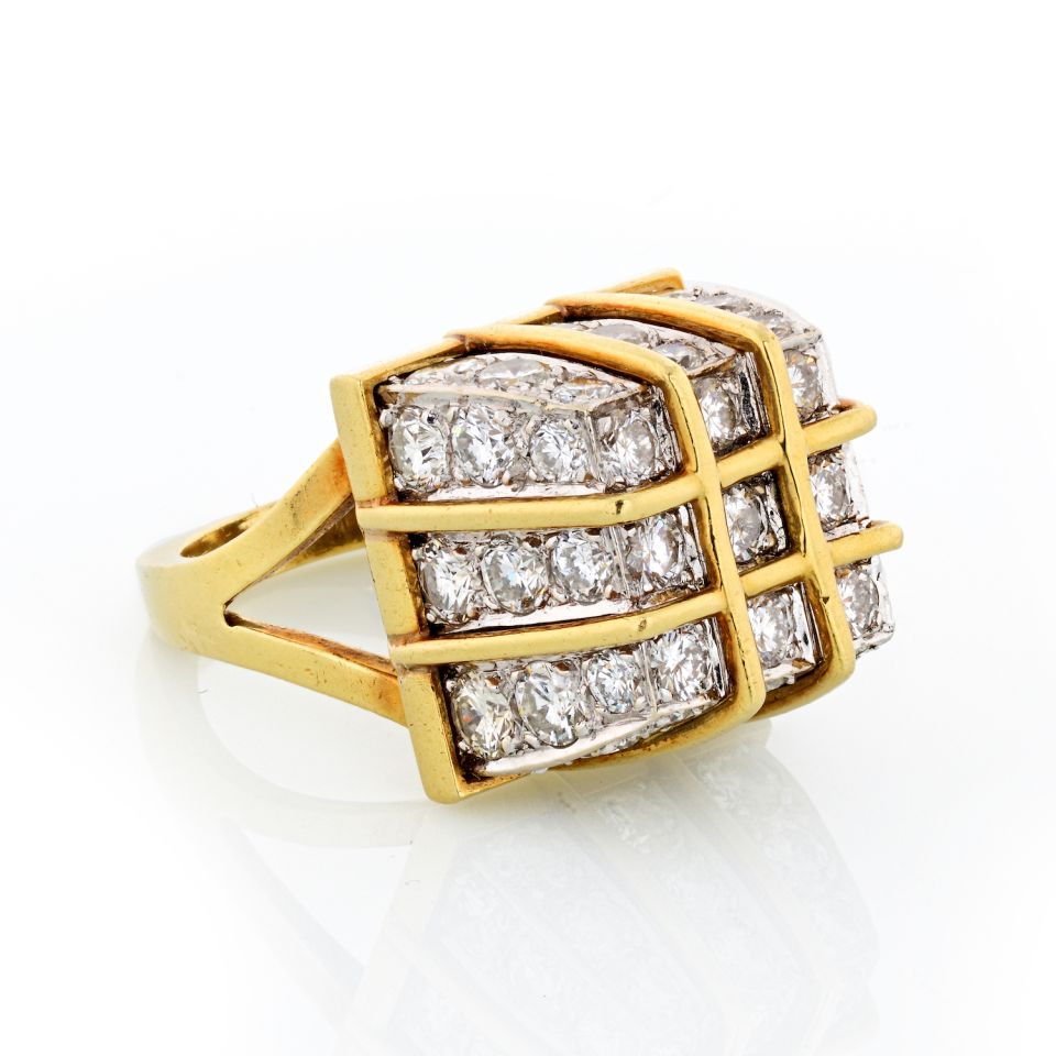 1970's 18K Yellow Gold Box Cage Diamond Criss Cross 7.50 carat Ring - The Back Vault Jewelry