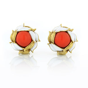 Tiffany & Co. 1970's 18K Yellow Gold Coral & White Enamel Clip-On Earrings