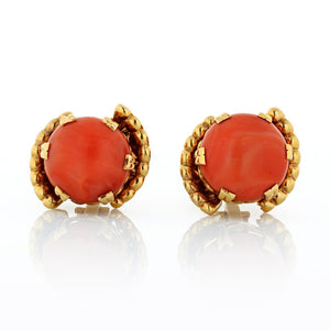 1970's 18K Yellow Gold Round Coral Earrings