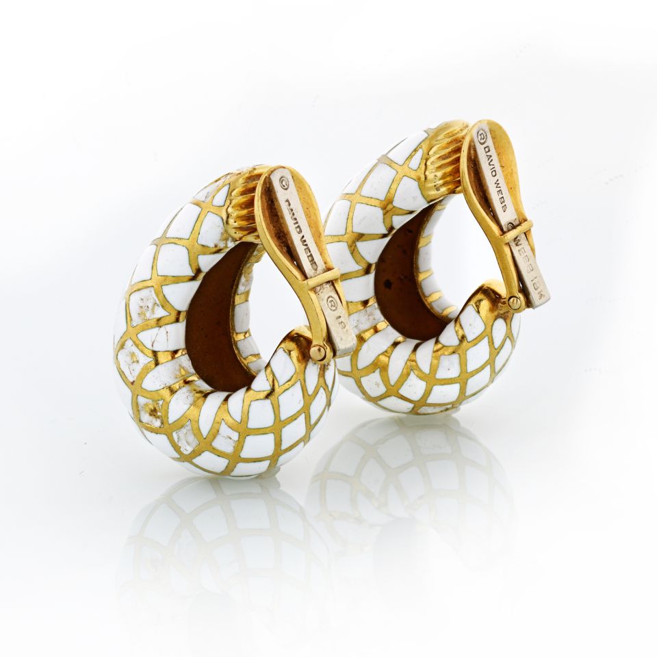 David Webb White Enamel Platinum & 18K Yellow Gold Bombe Gold Checkerboard Clip-On Earrings - The Back Vault