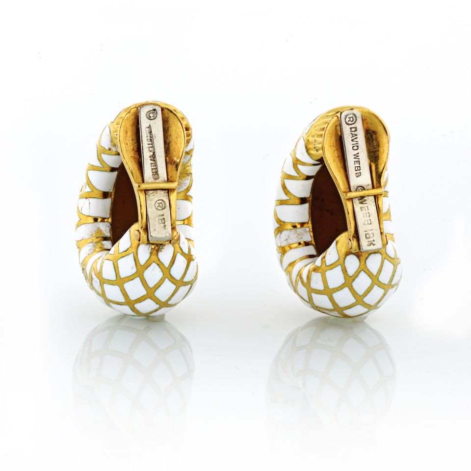 David Webb White Enamel Platinum & 18K Yellow Gold Bombe Gold Checkerboard Clip-On Earrings - The Back Vault