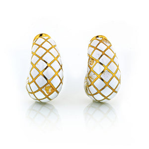 David Webb White Enamel Platinum & 18K Yellow Gold Bombe Gold Checkerboard Clip-On Earrings