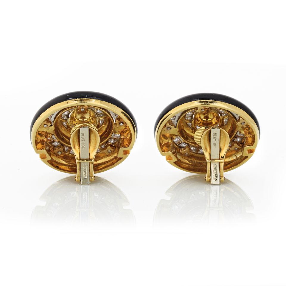 David Webb Enamel Platinum & 18K Yellow Gold Diamond Clip-On Earrings - The Back Vault