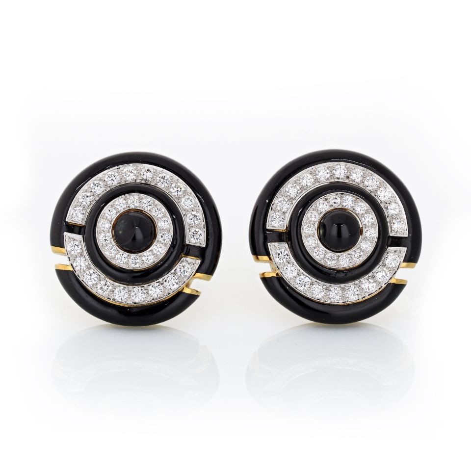 David Webb Enamel Platinum & 18K Yellow Gold Diamond Clip-On Earrings - The Back Vault