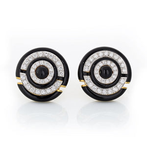 David Webb Black Enamel And Diamond Round Clip-On Earrings