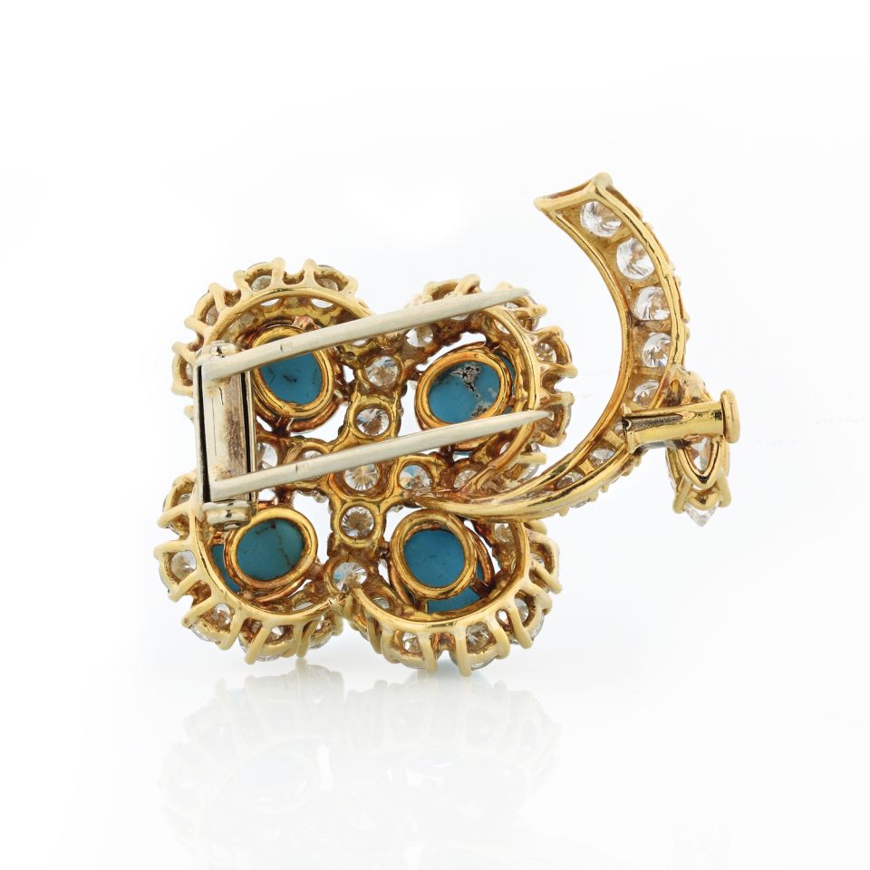 18K Yellow Gold Turquoise And Diamond Flower Brooch - The Back Vault Jewelry