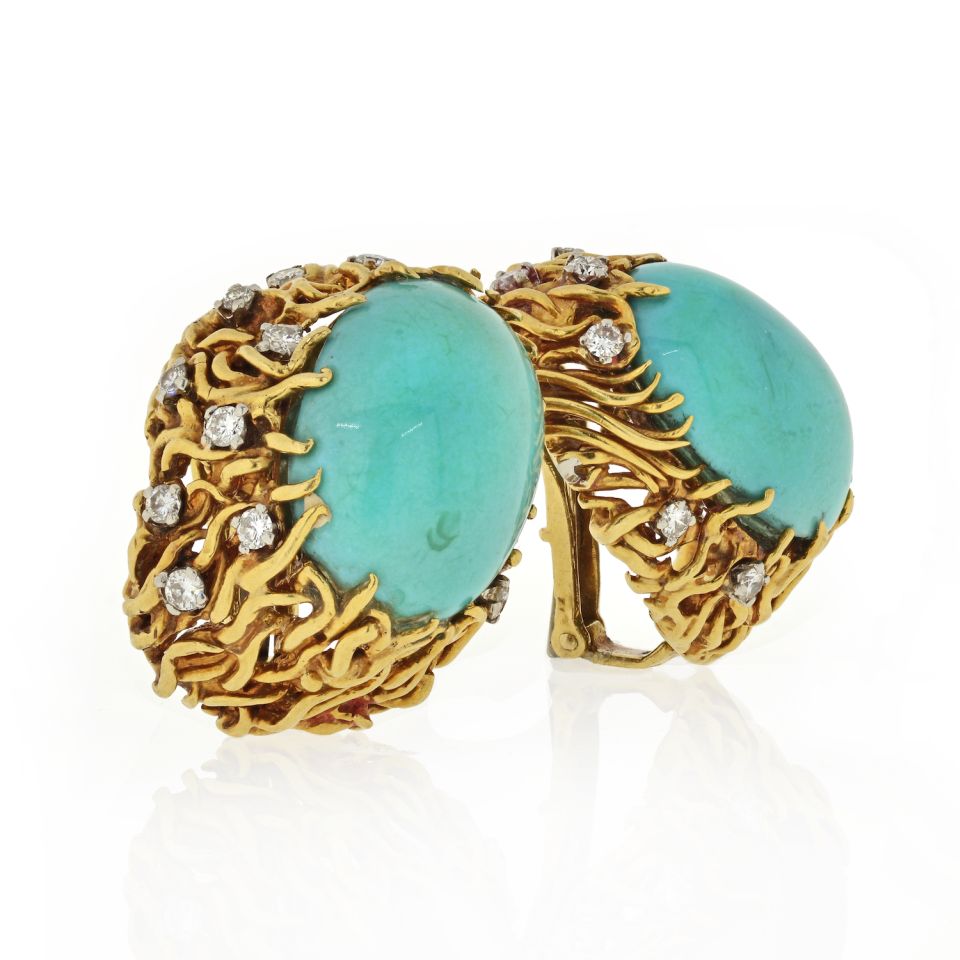 David Webb 18K Yellow Gold Turquoise And Diamond Oval Clip-On Earrings - The Back Vault