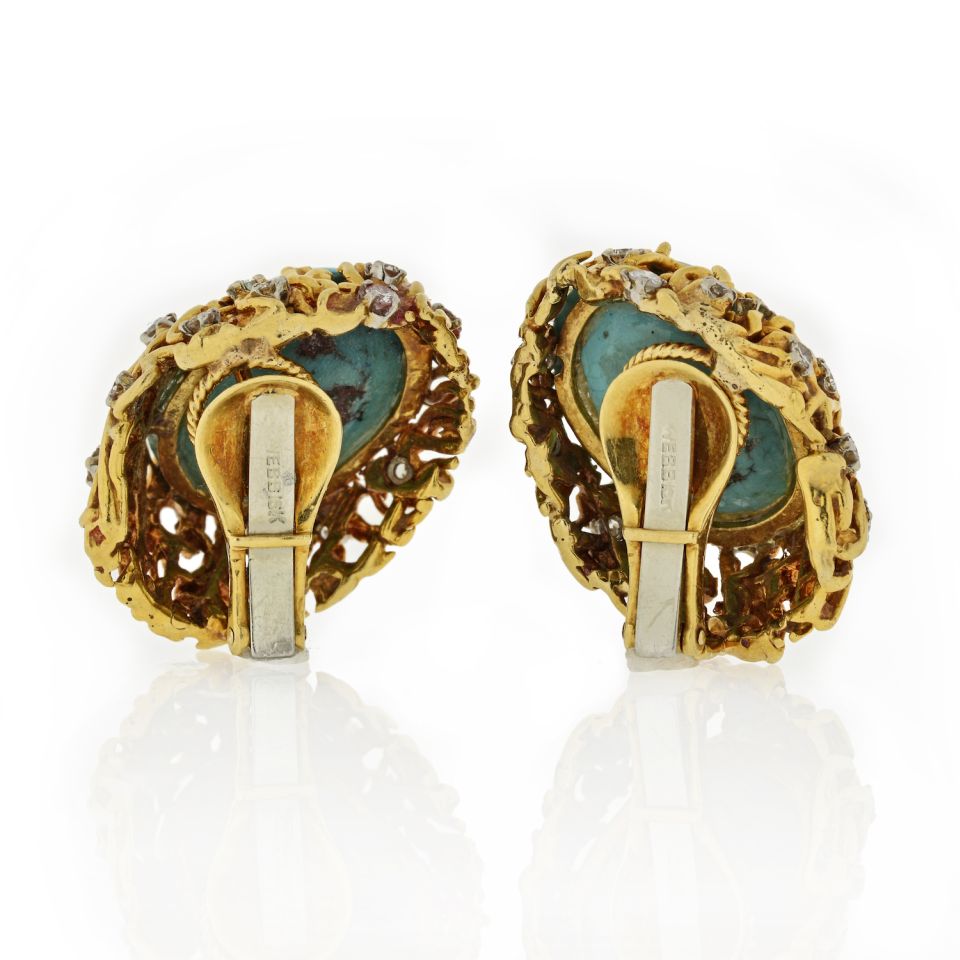 David Webb 18K Yellow Gold Turquoise And Diamond Oval Clip-On Earrings - The Back Vault