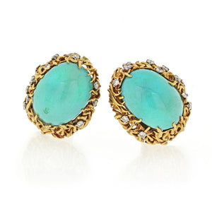 David Webb 18K Yellow Gold Turquoise And Diamond Oval Clip-On Earrings