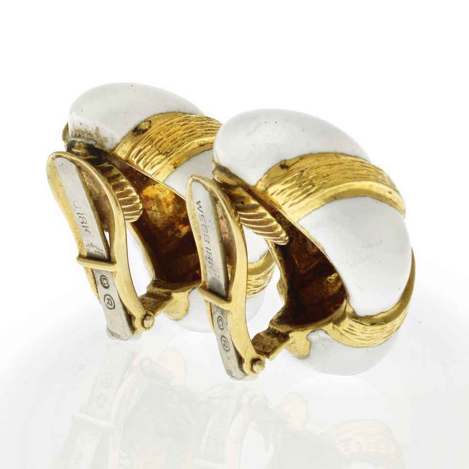 David Webb 18K Yellow Gold Oval White Enamel Earrings - The Back Vault