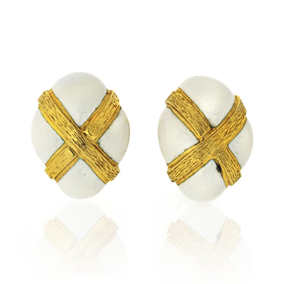 David Webb 18K Yellow Gold Oval White Enamel Earrings - The Back Vault