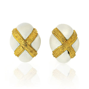 David Webb 18K Yellow Gold Oval White Enamel Earrings