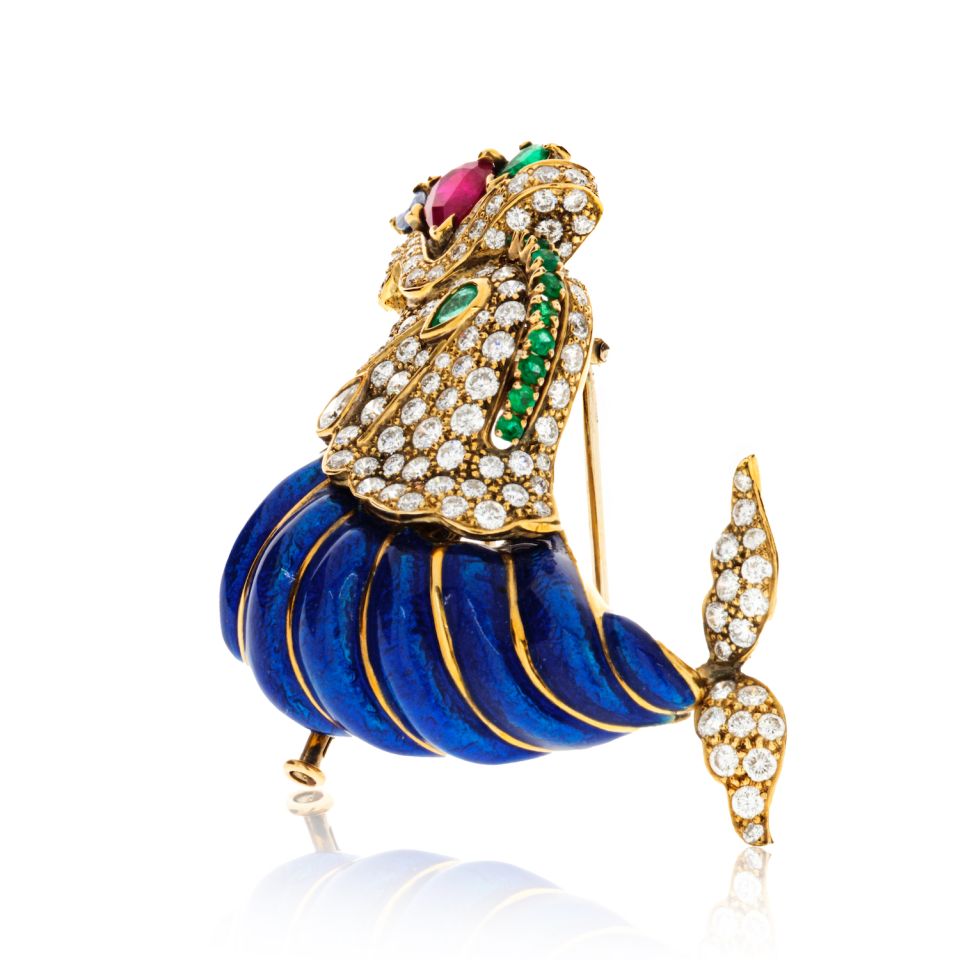 David Webb Dolphin Platinum & 18K Yellow Gold With Diamonds, Gemstones And Blue Enamel Brooch - The Back Vault