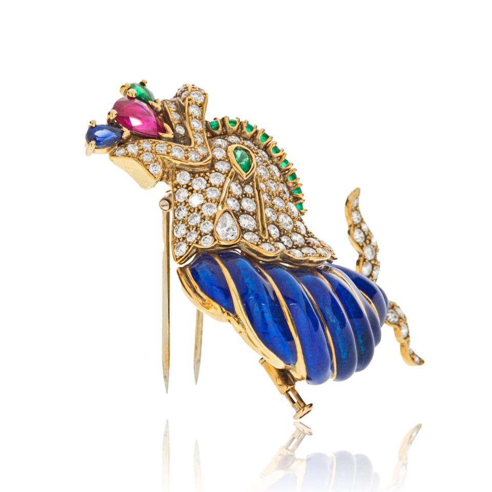 David Webb Dolphin Platinum & 18K Yellow Gold With Diamonds, Gemstones And Blue Enamel Brooch - The Back Vault