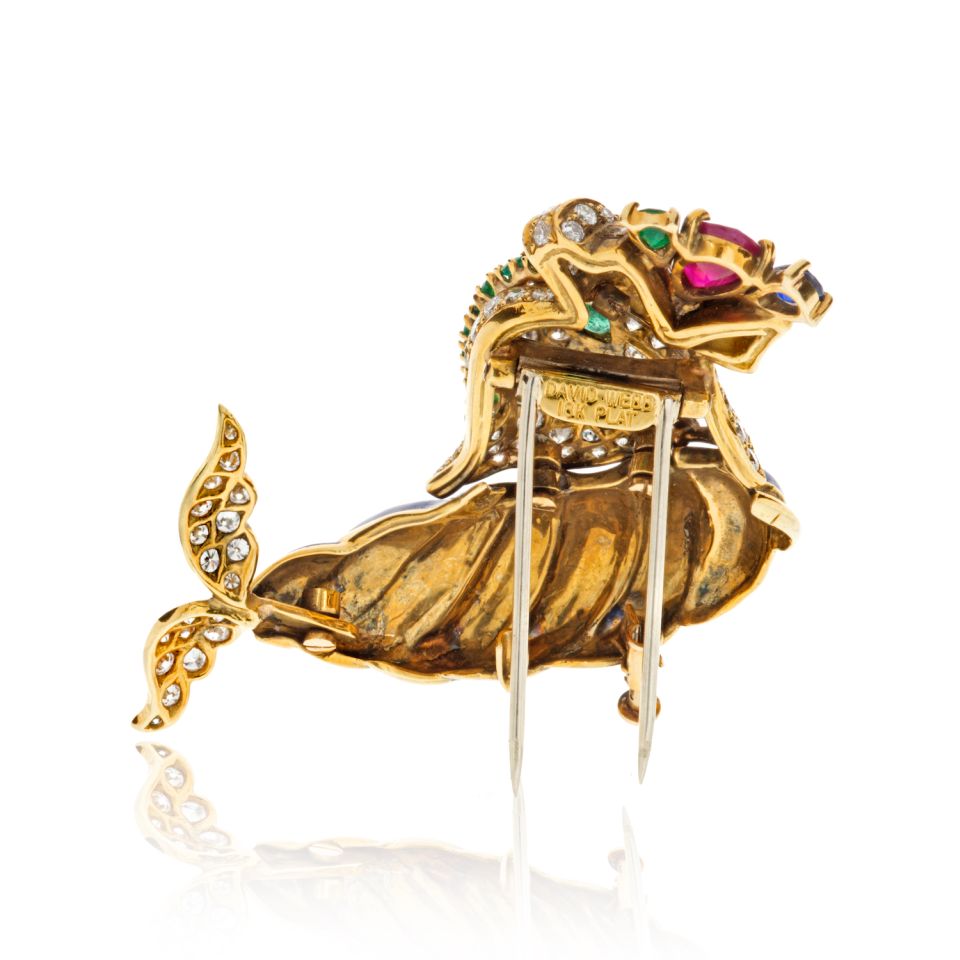 David Webb Dolphin Platinum & 18K Yellow Gold With Diamonds, Gemstones And Blue Enamel Brooch - The Back Vault