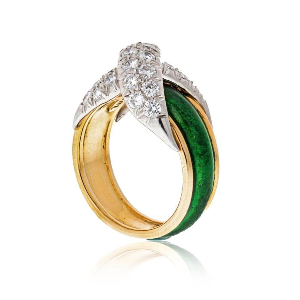 Tiffany & Co. Schlumberger Platinum & 18K Yellow Gold "X" With Green Enamel Diamond Ring - The Back Vault