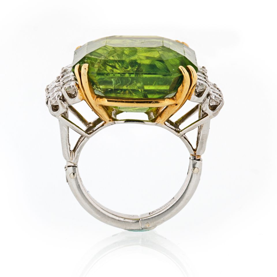 Platinum & 18K Yellow Gold 45 Carat Large Peridot Diamond Ring - The Back Vault Jewelry