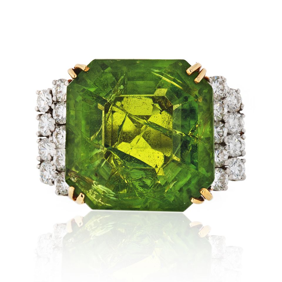 Platinum & 18K Yellow Gold 45 Carat Large Peridot Diamond Ring - The Back Vault Jewelry